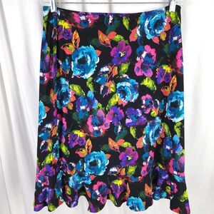 VTG Passports Womens Medium Black Colorful Floral Flower A-Line Midi Skirt